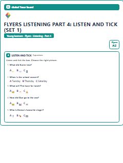 First page of Flyers Listening Part 4: Listen and Tick (Set 1), A2 exam practice