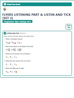First page of Flyers Listening Part 4: Listen and Tick (Set 3), A2 exam practice