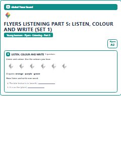 First page of Flyers Listening Part 5: Listen, Colour and Write (Set 1), A2 exam practice