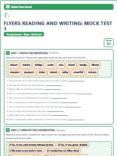 First page of Flyers Reading and Writing: Mock Test 1, A2 exam practice