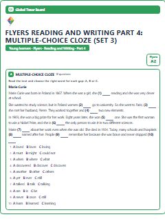 First page of Flyers Reading and Writing Part 4: Multiple-choice Cloze (Set 3), A2 exam practice