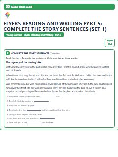 First page of Flyers Reading and Writing Part 5: Complete the Story Sentences (Set 1), A2 exam practice
