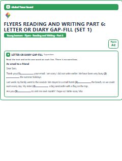 First page of Flyers Reading and Writing Part 6: Letter or Diary Gap-fill (Set 1), A2 exam practice