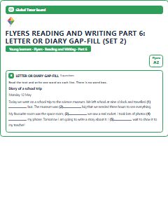 First page of Flyers Reading and Writing Part 6: Letter or Diary Gap-fill (Set 2), A2 exam practice