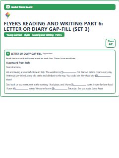 First page of Flyers Reading and Writing Part 6: Letter or Diary Gap-fill (Set 3), A2 exam practice