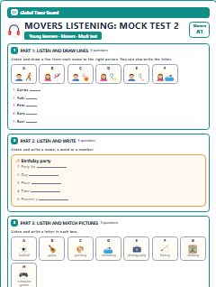 First page of Movers Listening: Mock Test 2, A1 exam practice