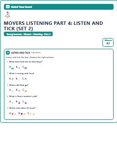 First page of Movers Listening Part 4: Listen and Tick (Set 2), A1 exam practice