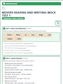 First page of Movers Reading and Writing: Mock Test 1, A1 exam practice