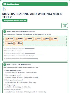 First page of Movers Reading and Writing: Mock Test 2, A1 exam practice