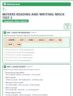 First page of Movers Reading and Writing: Mock Test 3, A1 exam practice