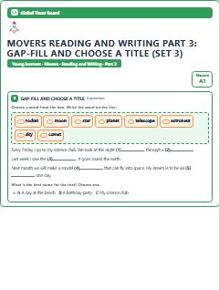 First page of Movers Reading and Writing Part 3: Gap-fill and Choose a Title (Set 3), A1 exam practice
