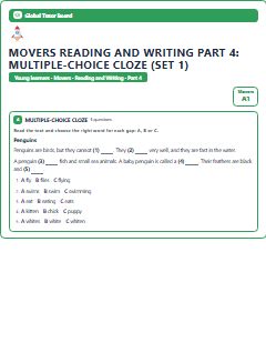 First page of Movers Reading and Writing Part 4: Multiple-choice Cloze (Set 1), A1 exam practice