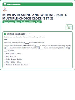 First page of Movers Reading and Writing Part 4: Multiple-choice Cloze (Set 2), A1 exam practice