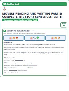 First page of Movers Reading and Writing Part 5: Complete the Story Sentences (Set 1), A1 exam practice