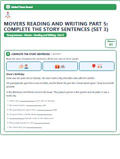 First page of Movers Reading and Writing Part 5: Complete the Story Sentences (Set 3), A1 exam practice