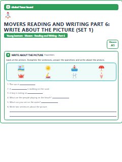First page of Movers Reading and Writing Part 6: Write about the Picture (Set 1), A1 exam practice