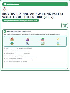 First page of Movers Reading and Writing Part 6: Write about the Picture (Set 2), A1 exam practice