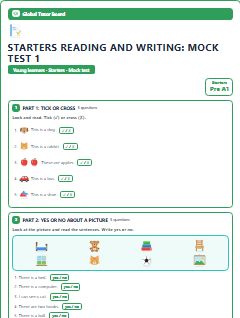 First page of Starters Reading and Writing: Mock Test 1, Pre-A1 exam practice