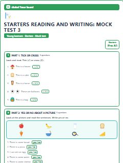 First page of Starters Reading and Writing: Mock Test 3, Pre-A1 exam practice