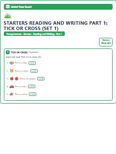 First page of Starters Reading and Writing Part 1: Tick or Cross (Set 1), Pre-A1 exam practice