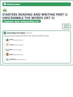 First page of Starters Reading and Writing Part 3: Unscramble the Words (Set 3), Pre-A1 exam practice