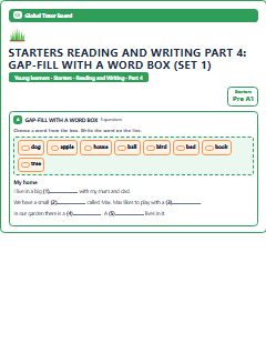 First page of Starters Reading and Writing Part 4: Gap-fill with a Word Box (Set 1), Pre-A1 exam practice