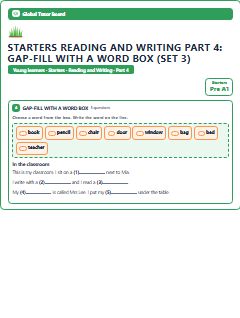 First page of Starters Reading and Writing Part 4: Gap-fill with a Word Box (Set 3), Pre-A1 exam practice
