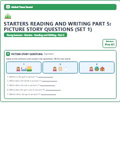 First page of Starters Reading and Writing Part 5: Picture Story Questions (Set 1), Pre-A1 exam practice