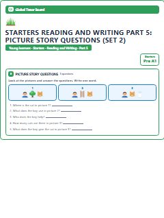 First page of Starters Reading and Writing Part 5: Picture Story Questions (Set 2), Pre-A1 exam practice