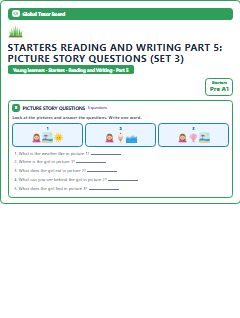 First page of Starters Reading and Writing Part 5: Picture Story Questions (Set 3), Pre-A1 exam practice